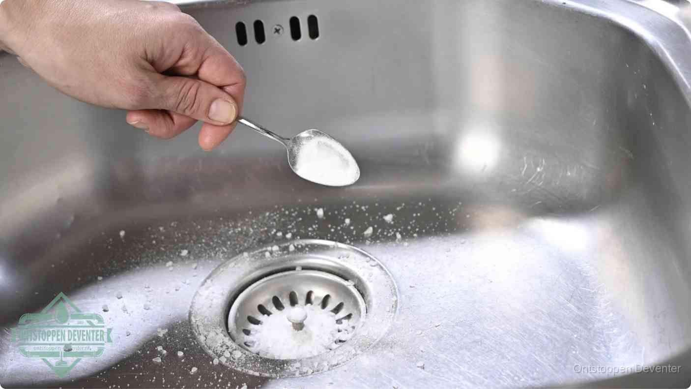 Een hand strooit met een lepel soda in de afvoer van een roestvrijstalen spoelbak, de soda en azijn huismiddel-methode om de afvoer te ontstoppen in Deventer