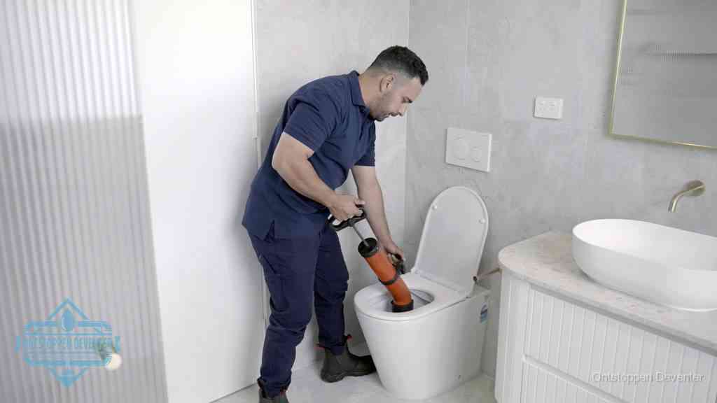 Een monteur buigt over een wandcloset en duwt met de hand een persluchtontstopper in de toiletpot om de verstopping handmatig los te maken in Deventer